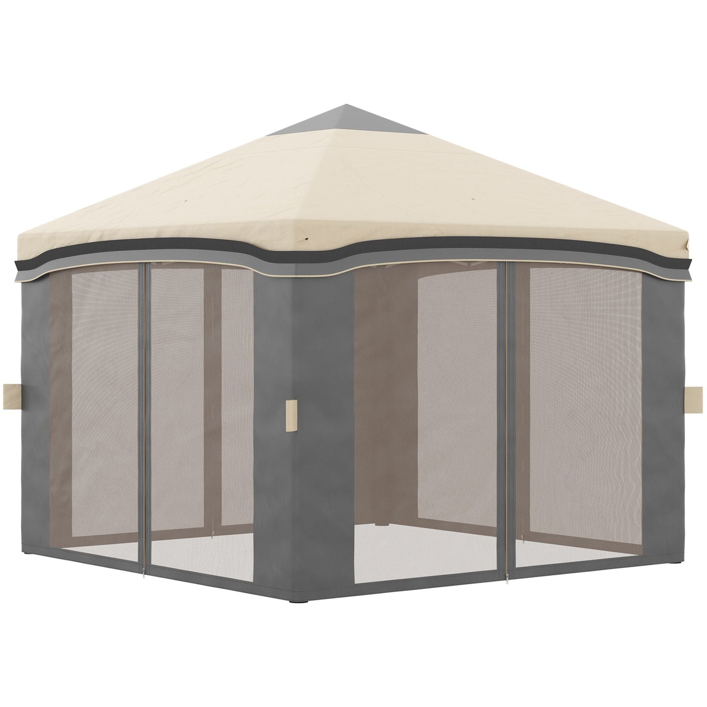 10x10 Pop Up Canopy, Netting, Foldable, Height Adjustable, Wheeled Carry Bag, 4 Sand Bags, Beige