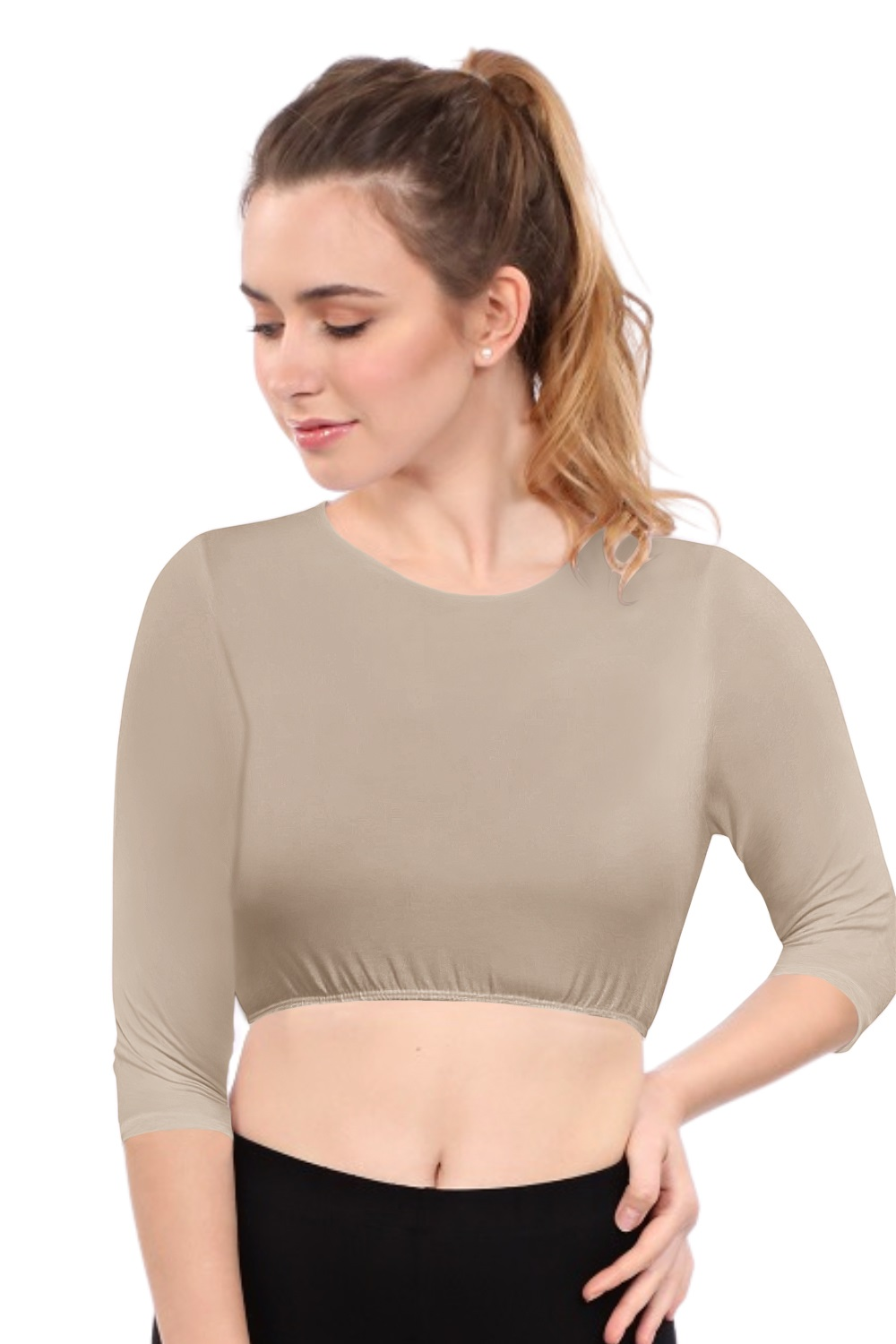 Modest Neck Cropped Layering - Cotton Spandex 3/4 Sleeve Shell Top