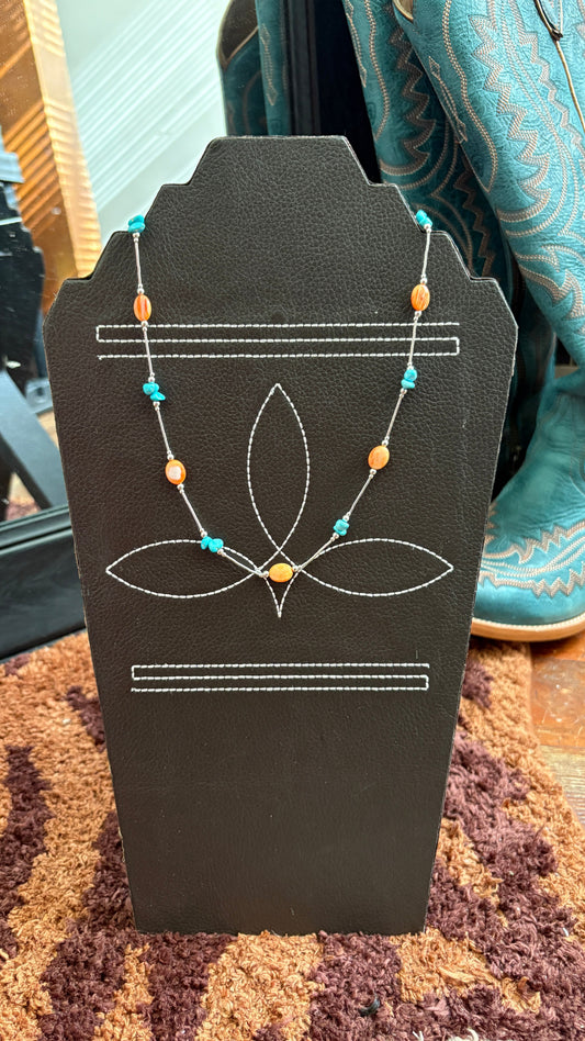 TURQUOISE & ORANGE SPINY OYSTER LIQUID SILVER NECKLACE
