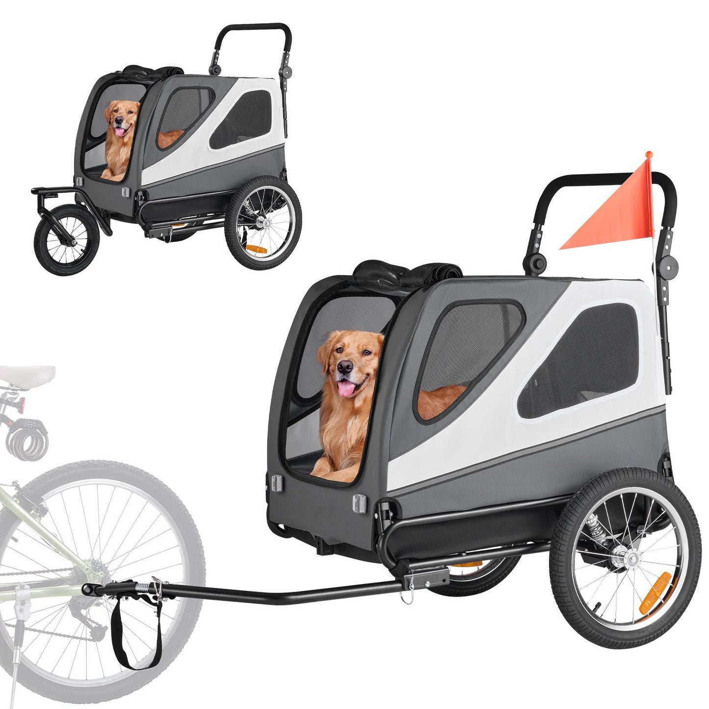 Dog Bike Trailer, Supports up to 100 lbs, 2-in-1 Pet Stroller Cart Bicycle Carrier for Small & Large Dogs, Easy Folding Frame with Quick Release Wheel, Universal Bicycle Coupler, Internal Leash