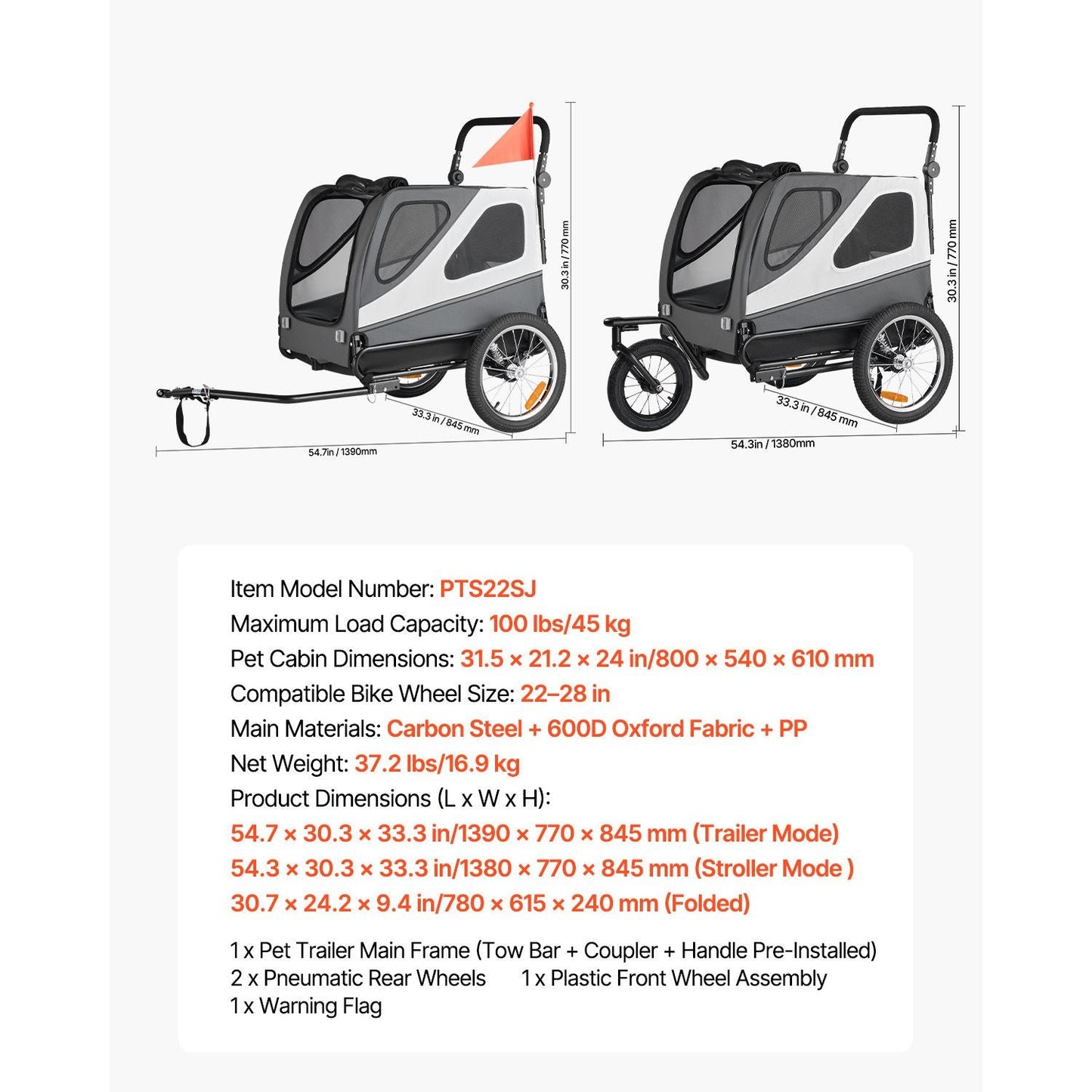 Dog Bike Trailer, Supports up to 100 lbs, 2-in-1 Pet Stroller Cart Bicycle Carrier for Small & Large Dogs, Easy Folding Frame with Quick Release Wheel, Universal Bicycle Coupler, Internal Leash