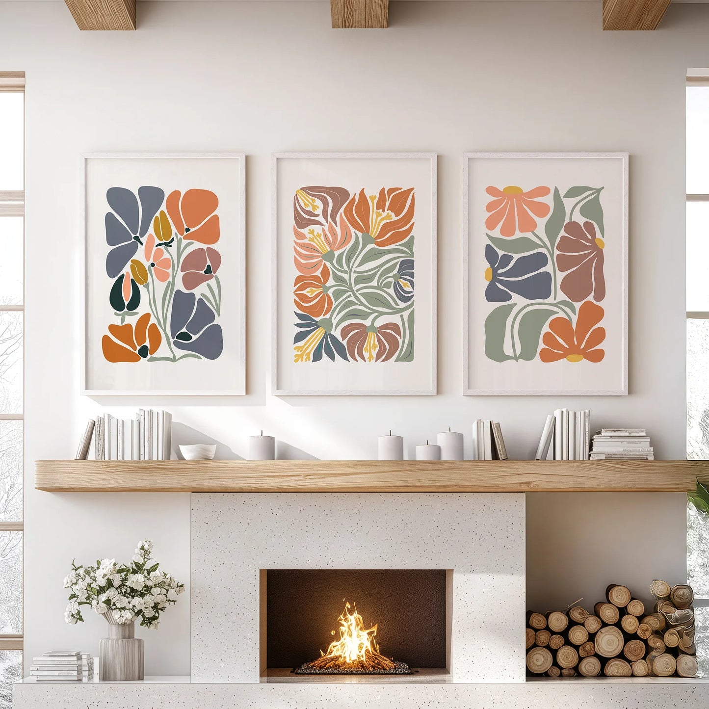 Boho Botanical Set of 3 Wall Art. Abstract Flowers Prints