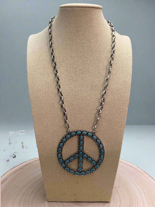 Western Turquoise Peace Statement Necklace - 22" Boho Pendant